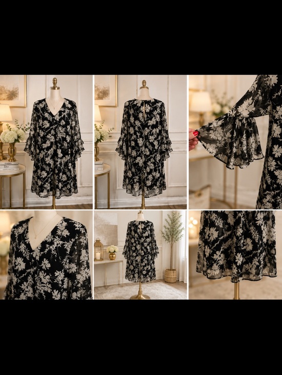 Calvin Klein Dresses & Skirts - Black Floral V-Neck Ruffle Sleeve Dress